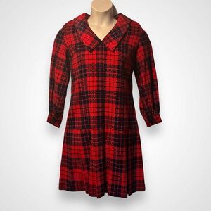 Vintage 1960's Red Blue Tartan Plaid Corduroy Dress Hand Made Women's Sm Pleats